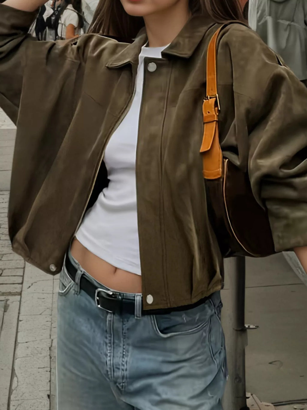 Women's Cropped Olive Green Suede Bomber Jacket
