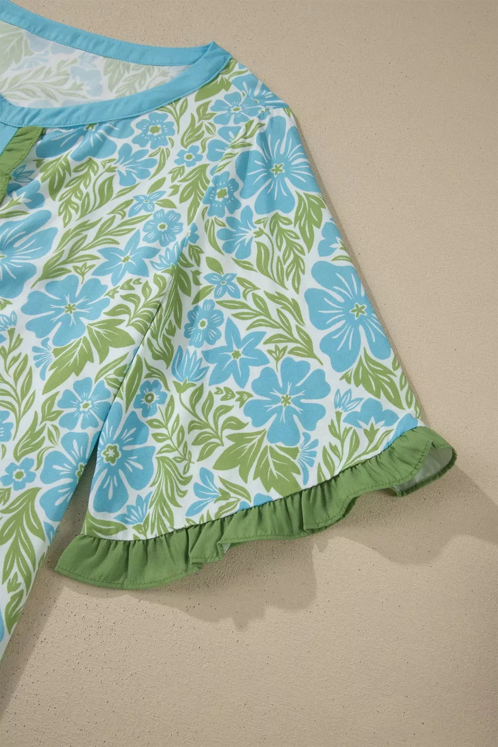 Floral Print Ruffled Color Block Blouse with Half Sleeves