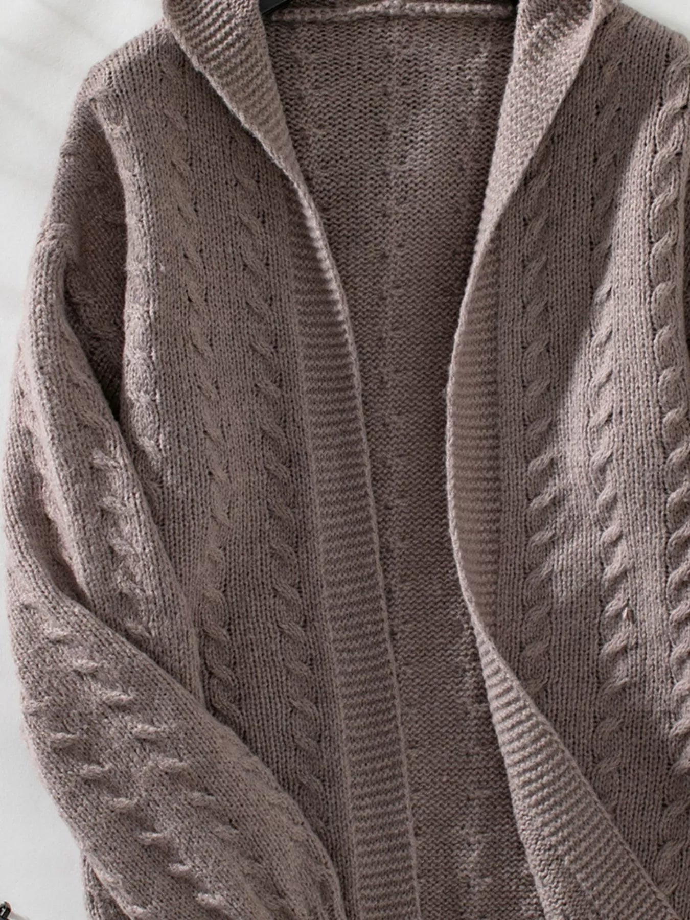 Women's Beige Cable Knit Open Front Cardigan with Hood