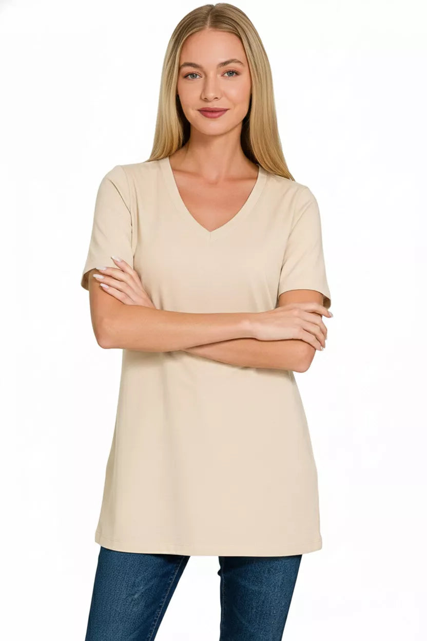 Women's Short Sleeve V-Neck T-Shirt in Sand Beige
