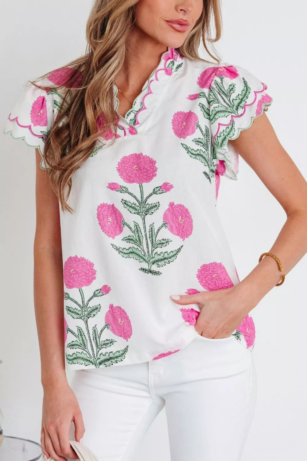 Floral Scallop Trim V Neck Blouse White Pink Green