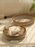 Woven Rattan Cat Nest Bed Scratch-Resistant Oval Pet Lounger