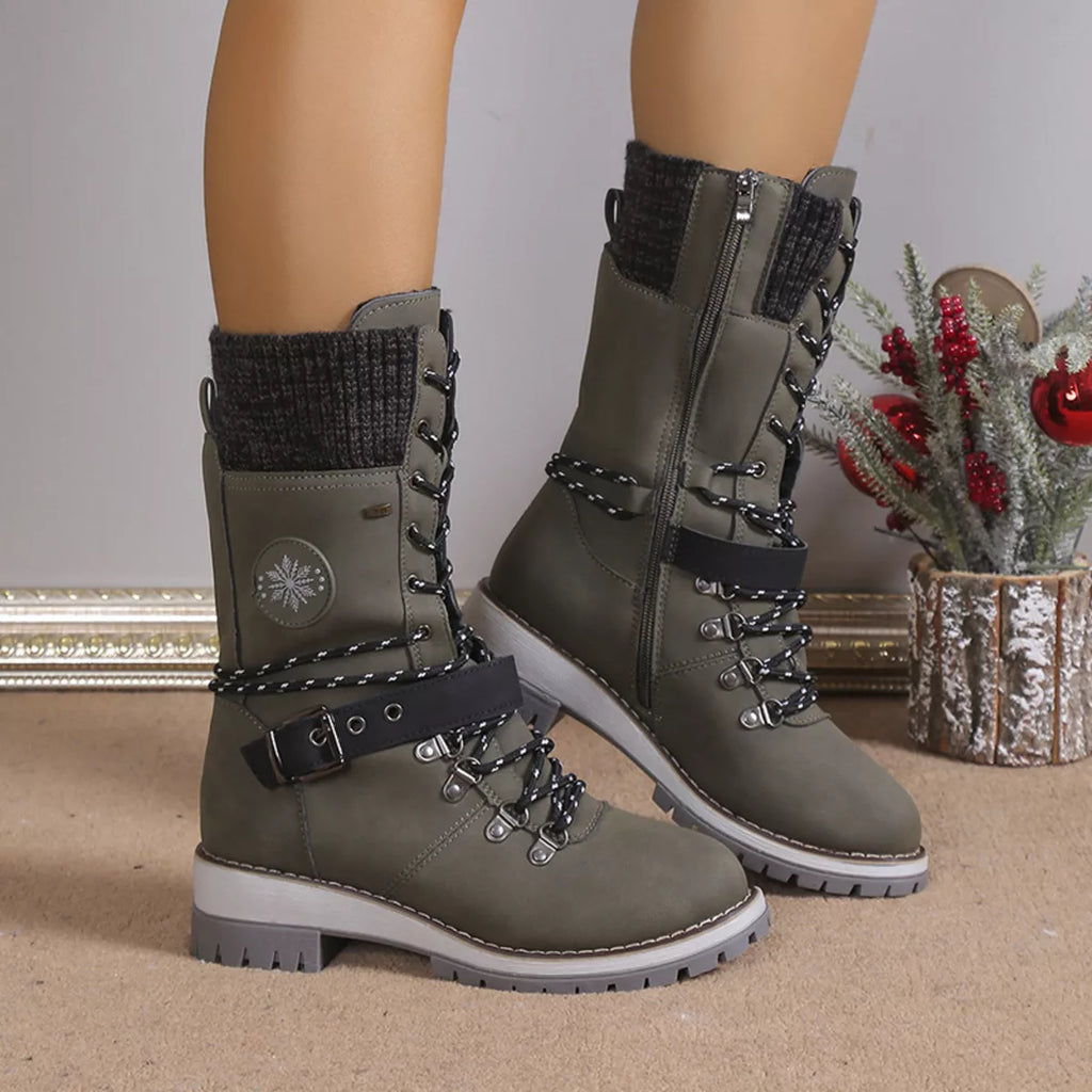 Women's Grey Lace Up Winter Boots with Knit Cuff and Buckle Detail