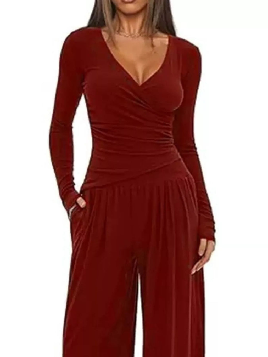 Women's Casual Long Sleeve V-Neck Top and Wide Leg Pants Lounge Set