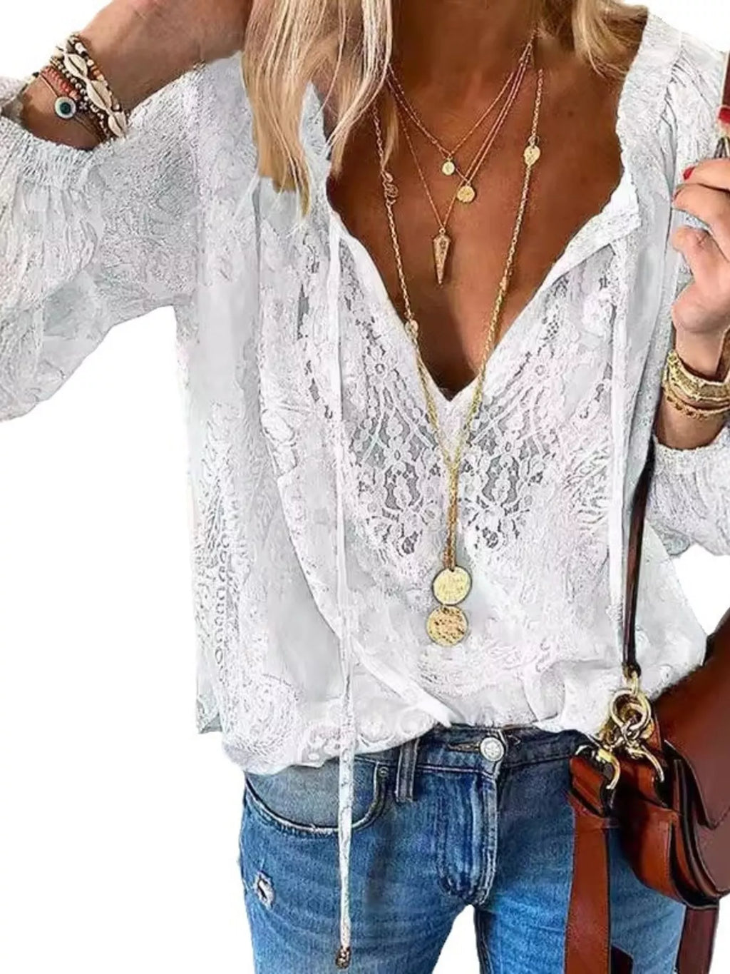 Women's Sheer Lace Tie-Neck Long Sleeve Blouse Casual Top