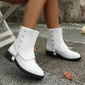 Women's Round Toe White Block Heel Boots with Buckle Detail
