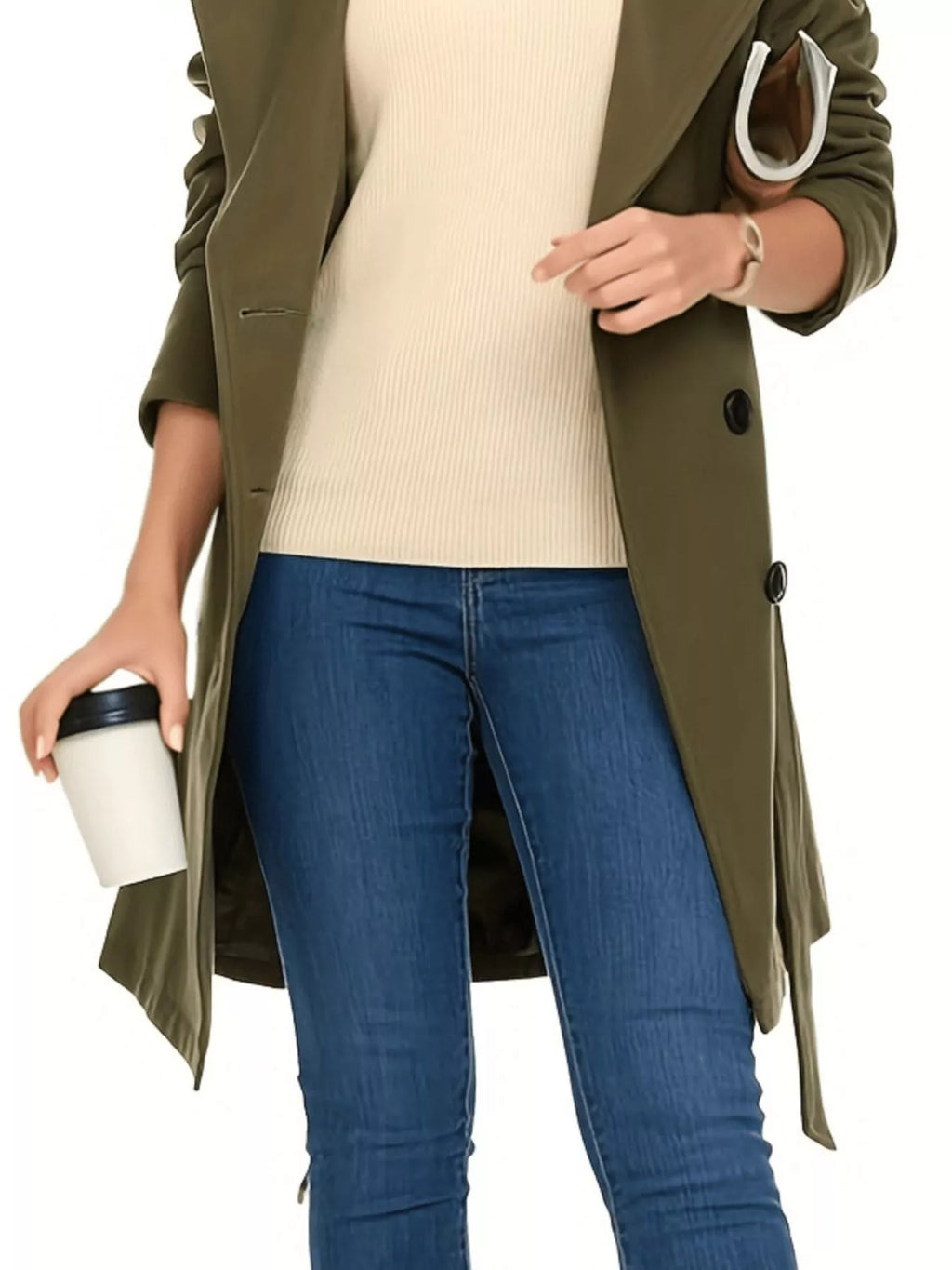 Women's Olive Double Breasted Belted Coat with Long Sleeves