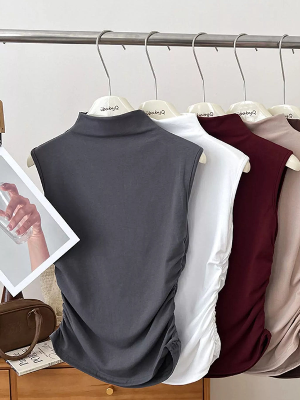 Ruched Mock Neck Sleeveless Tank Top