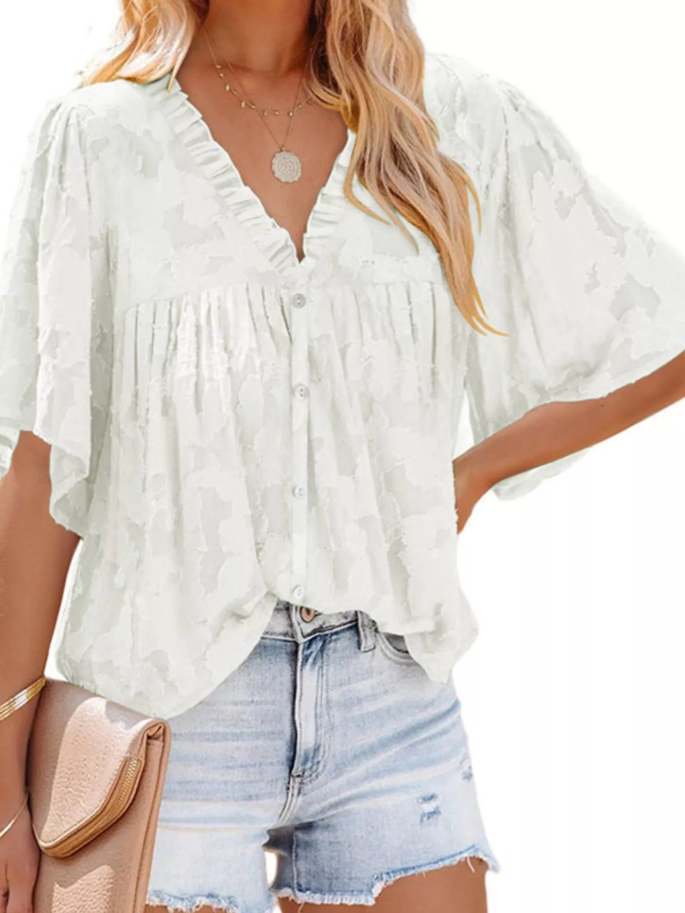 Full Size Textured V-Neck Button-Down Shirt Plus Size