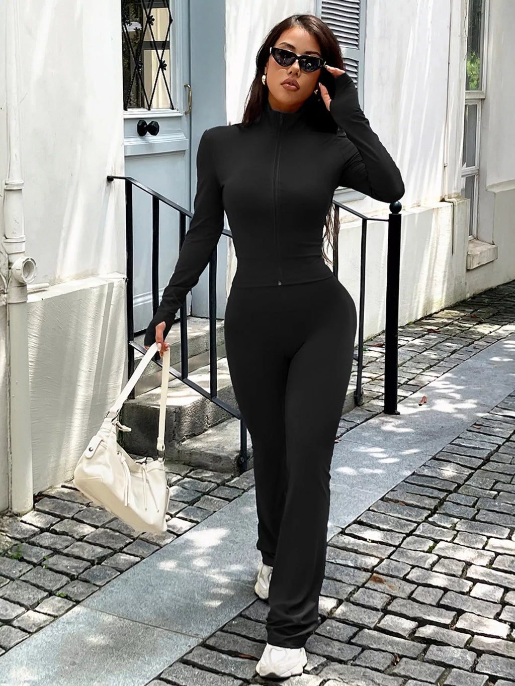 Women's Black Zip-Up Long Sleeve Activewear Top & Pants Set