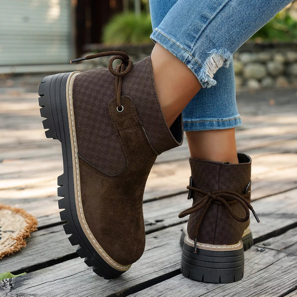 Women's Black Round Toe Platform Suede Boots with Check Detail