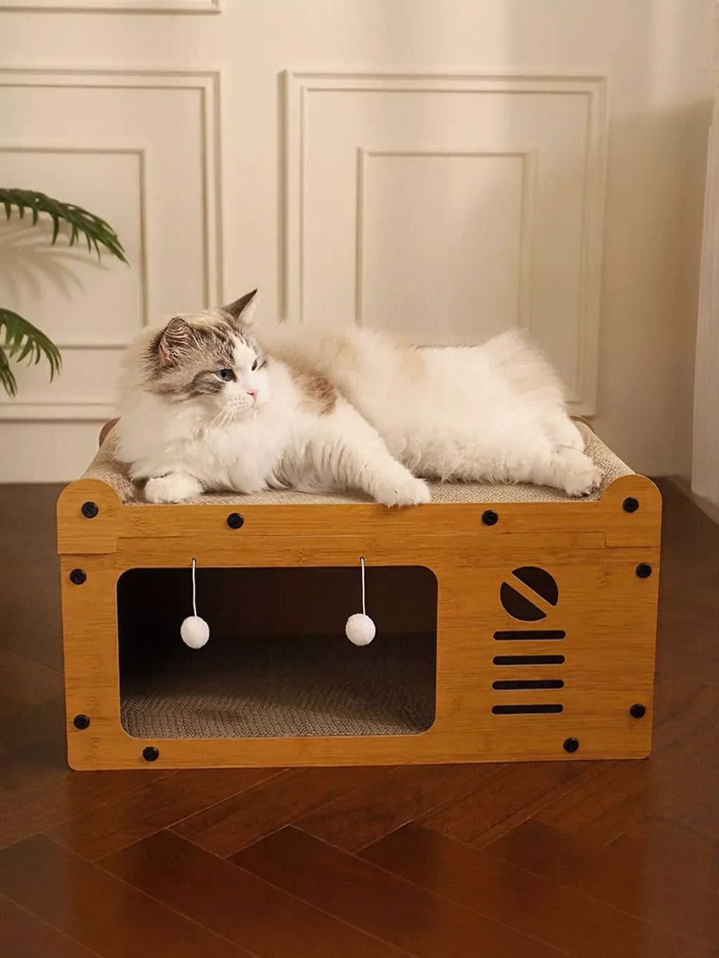Wooden Cat House with Scratching Pad for Cozy Pet Relaxation