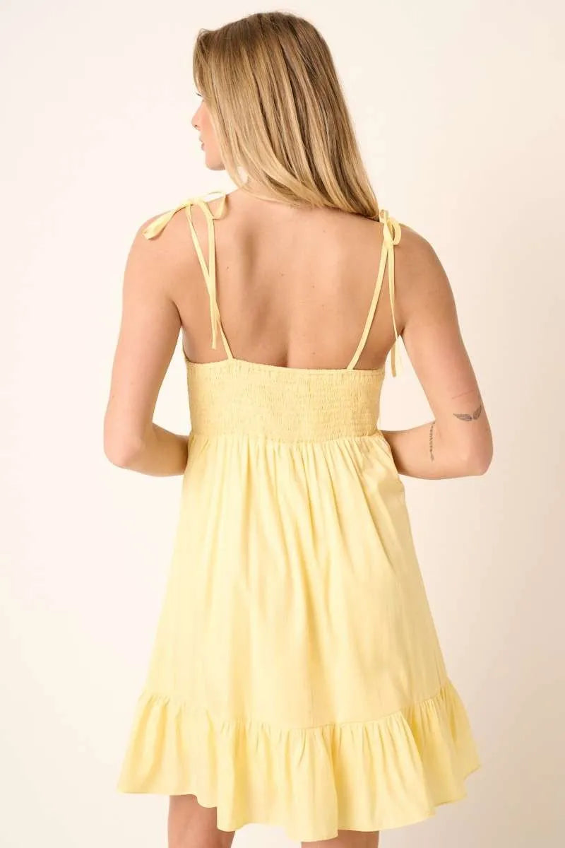 Yellow Cotton Ruched Spaghetti Tie Mini Dress Summer Casual