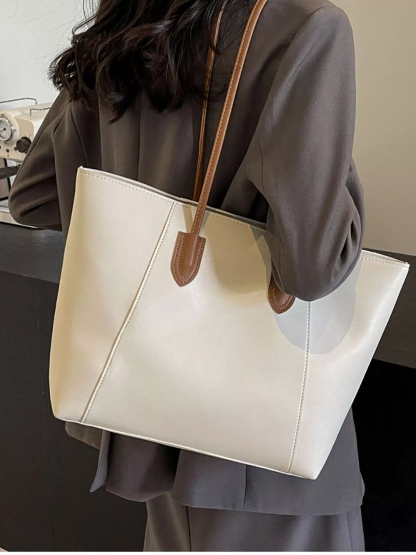 Two-Tone PU Leather Shoulder Tote Bag in Cream and Brown