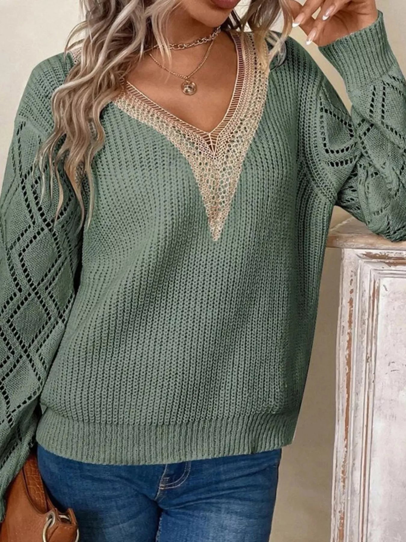 Women's V-Neck Openwork Knit Sweater - Bohemian Casual-Chic Top