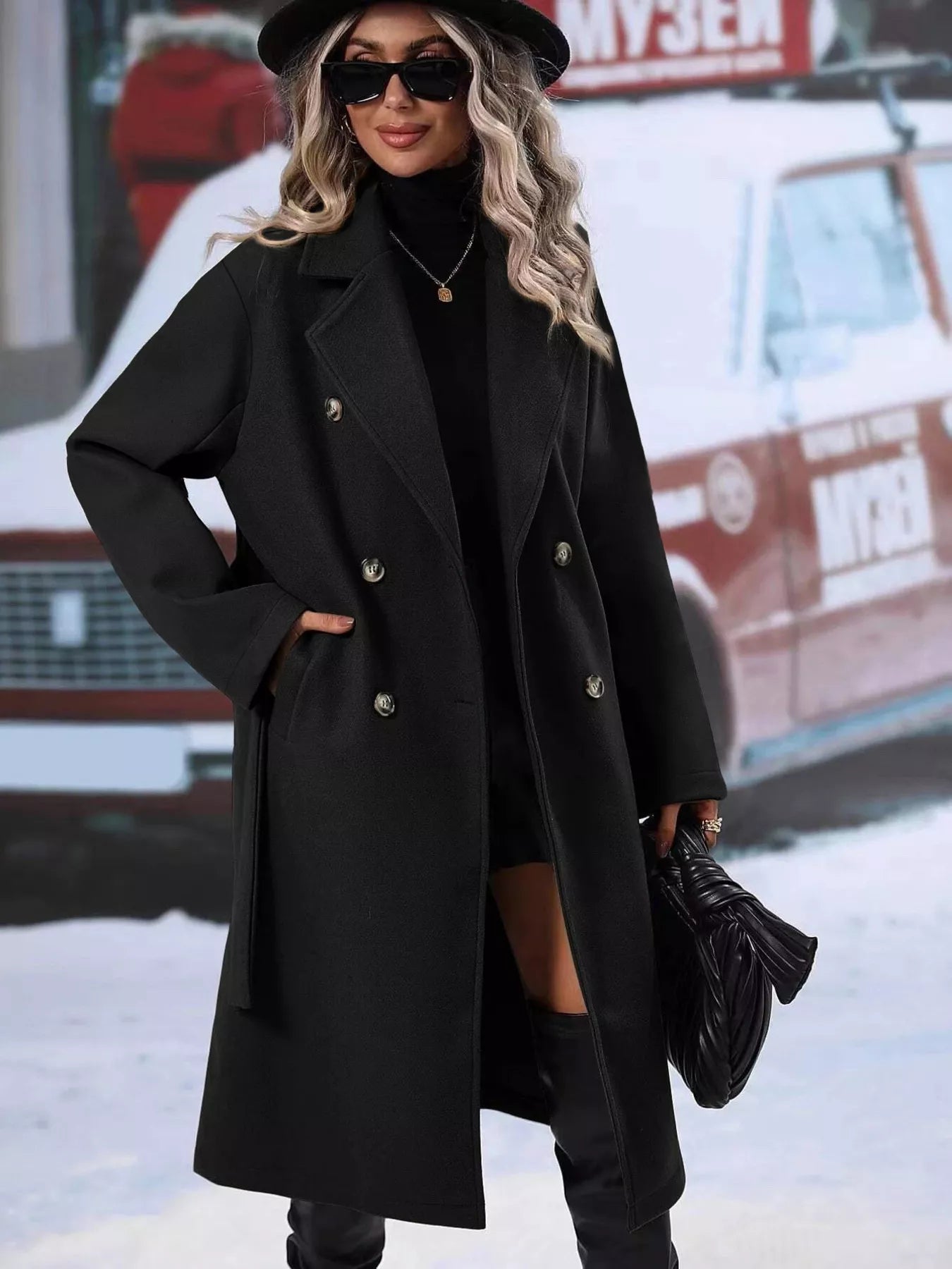 Women's Red Double-Breasted Lapel Collar Belted Long Overcoat