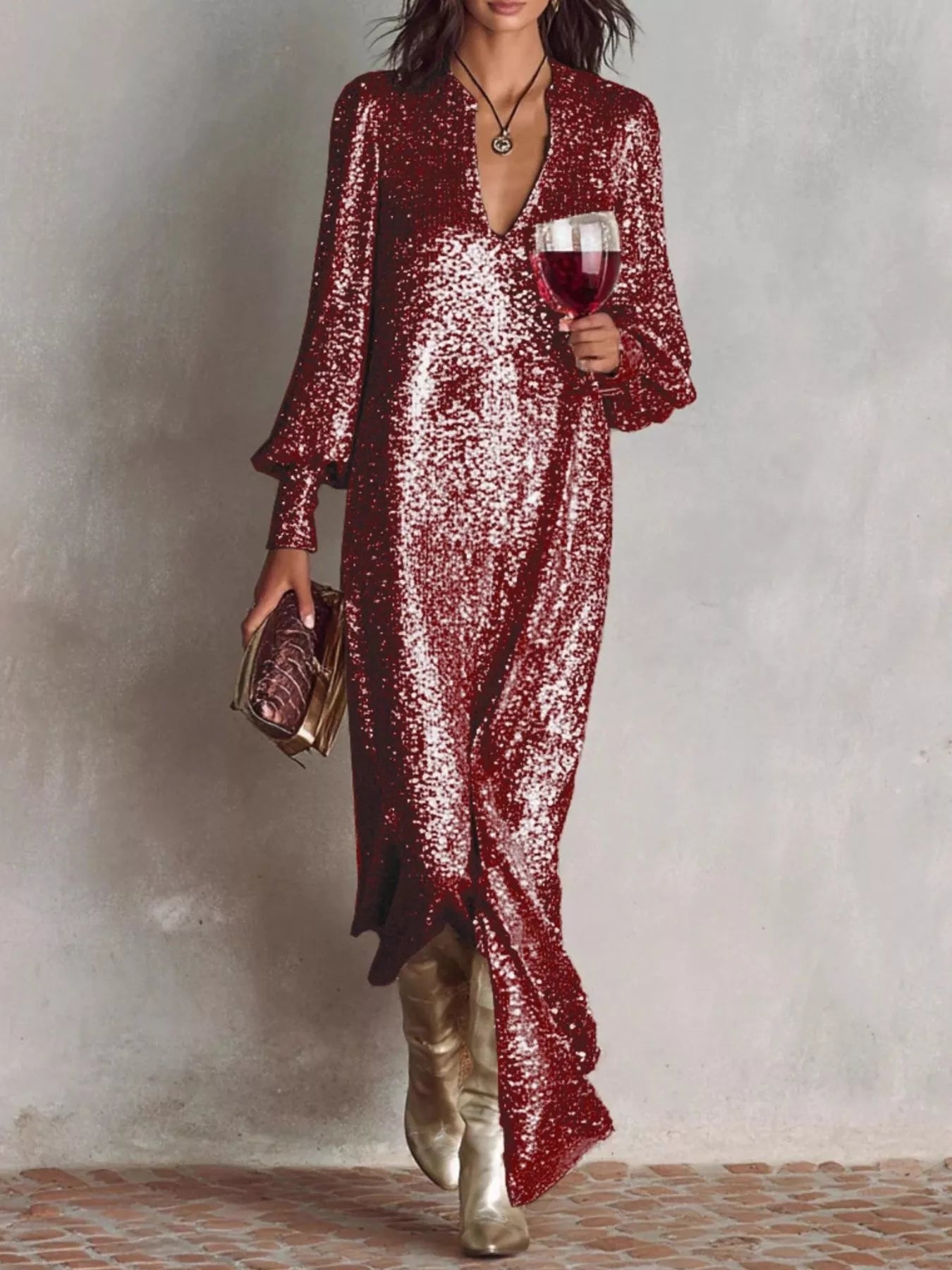 Gold Sequin Notched Lantern Sleeve Maxi Dress for Parties