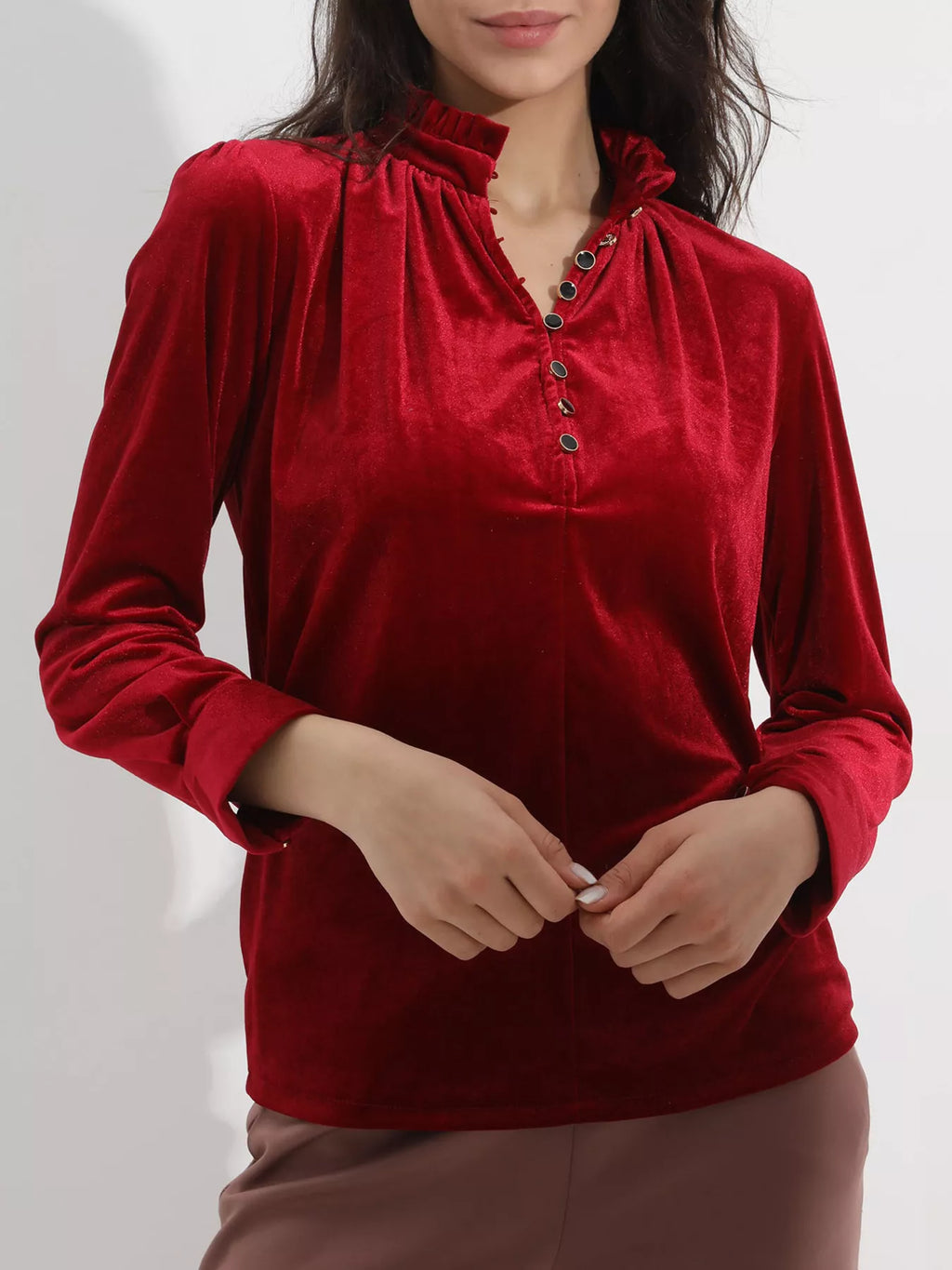 Women Red Velvet Long Sleeve Blouse with Ruffle Neckline