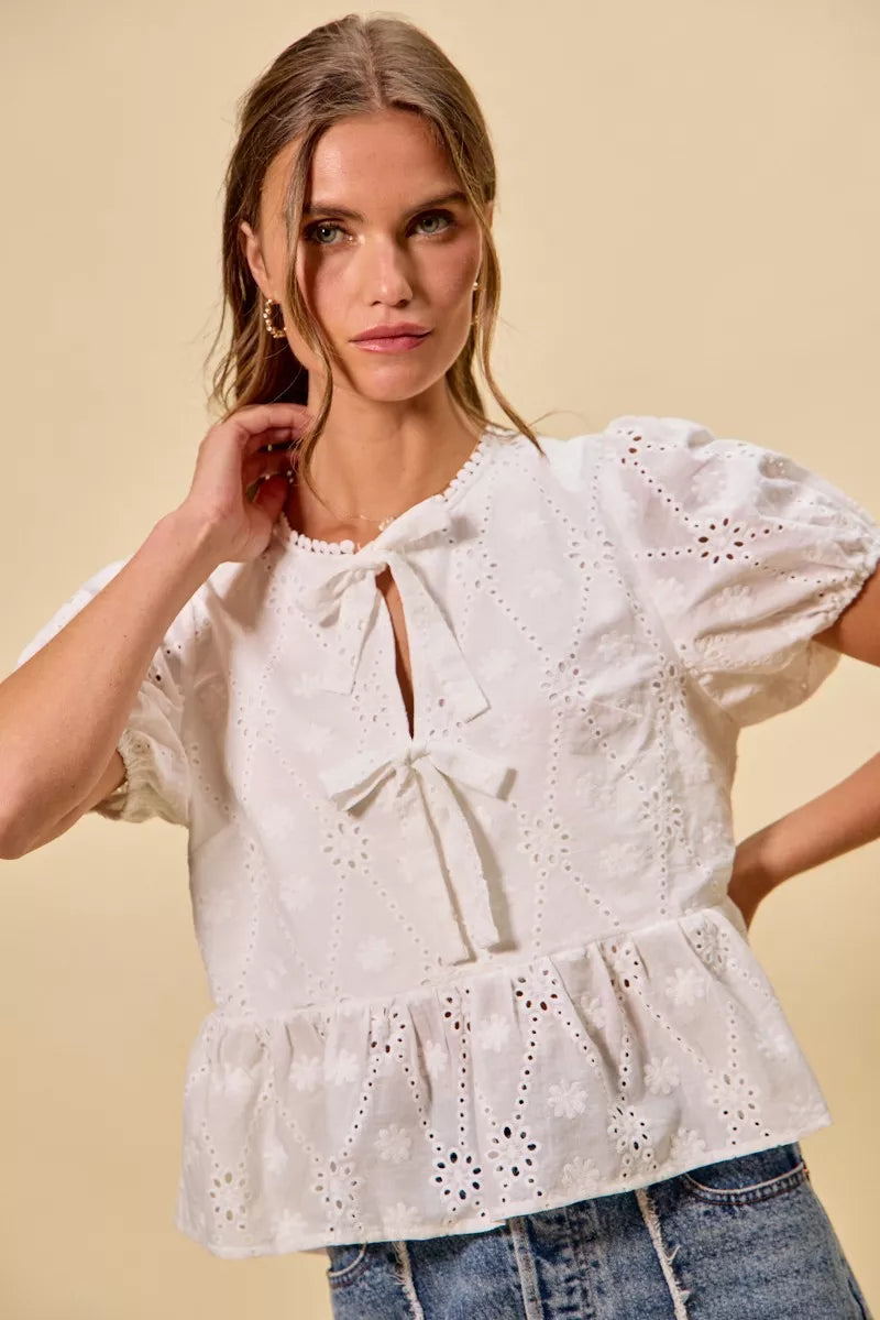 Women's Cotton Eyelet Blouse with Front Tie