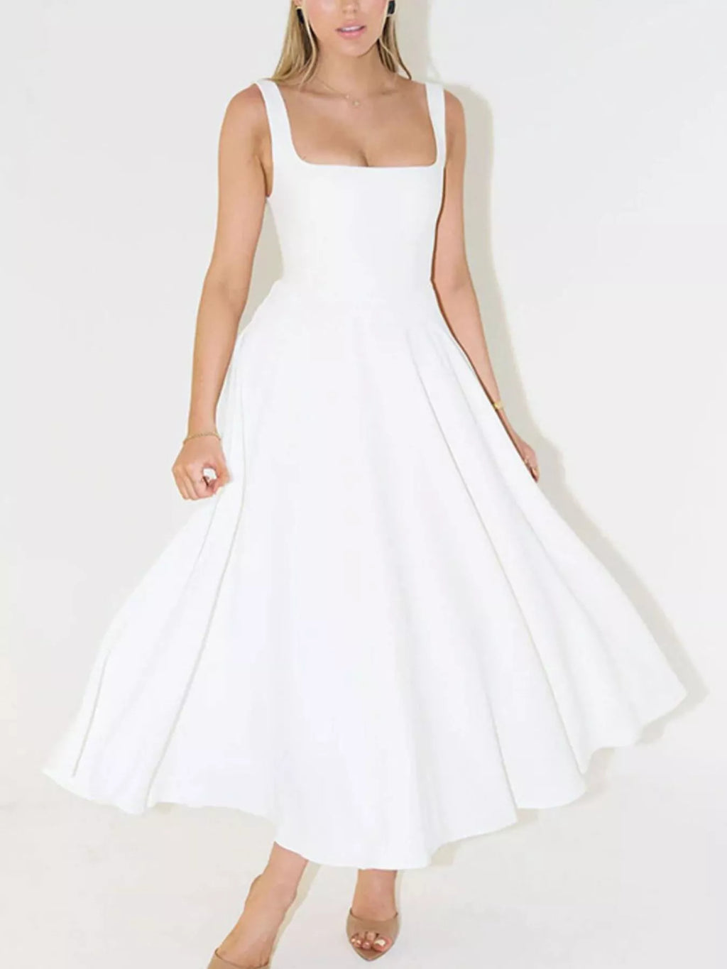 White Square Neck Wide Strap A-Line Midi Dress