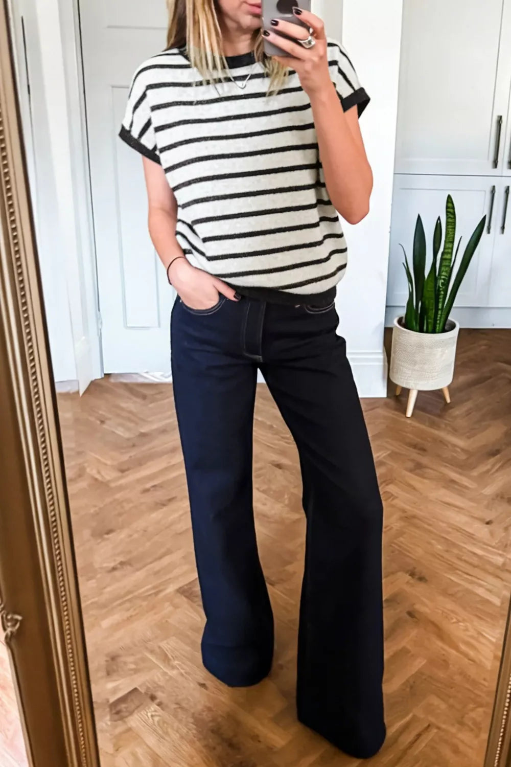 Short Sleeve Striped Sweater with Front Bow Detail