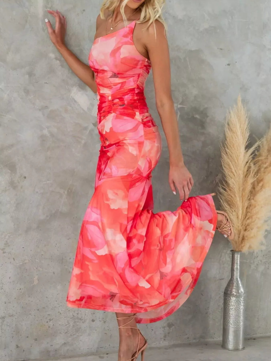 Floral Print One-Shoulder Ruched Maxi Dress in Purple