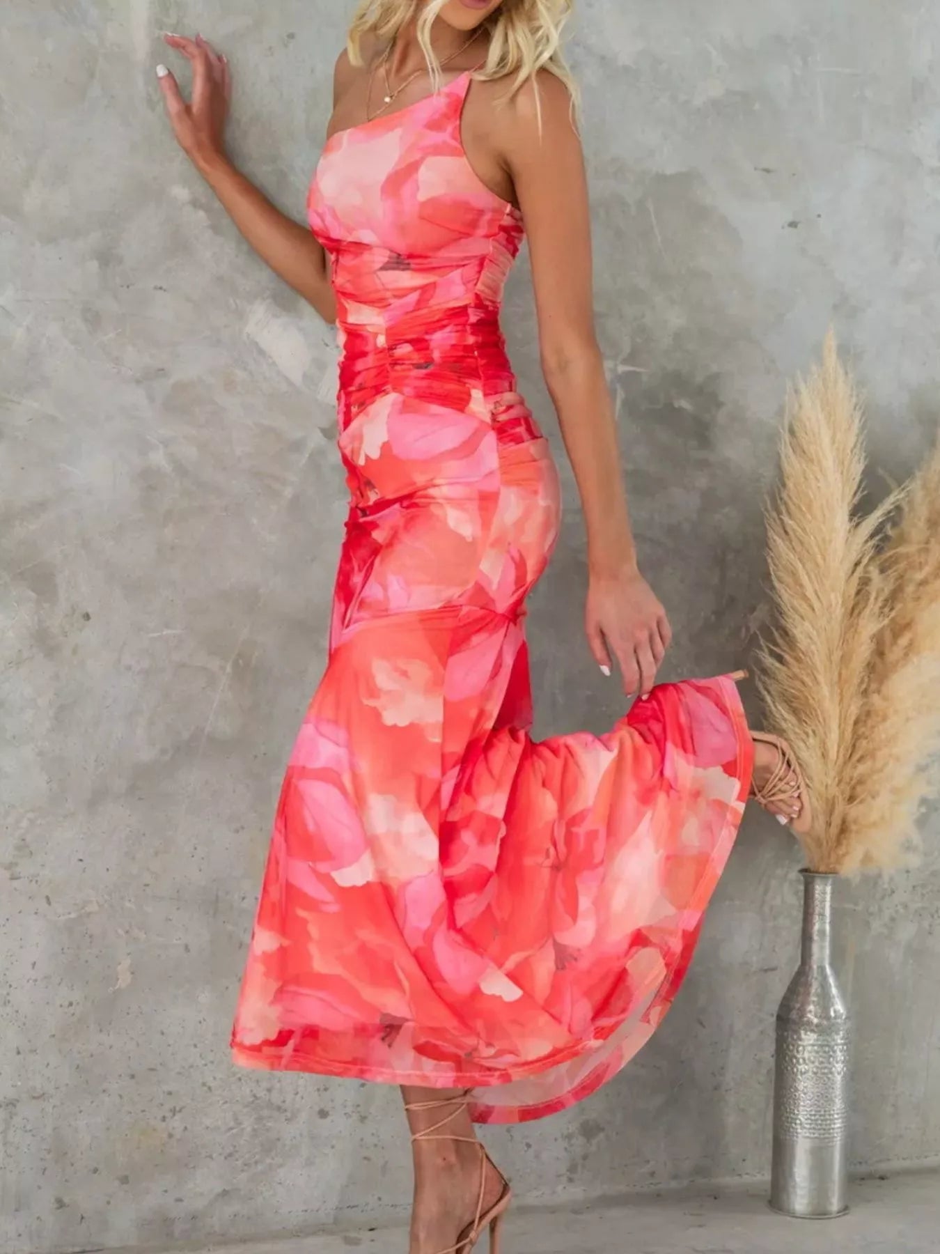 Floral Print One-Shoulder Ruched Maxi Dress in Purple