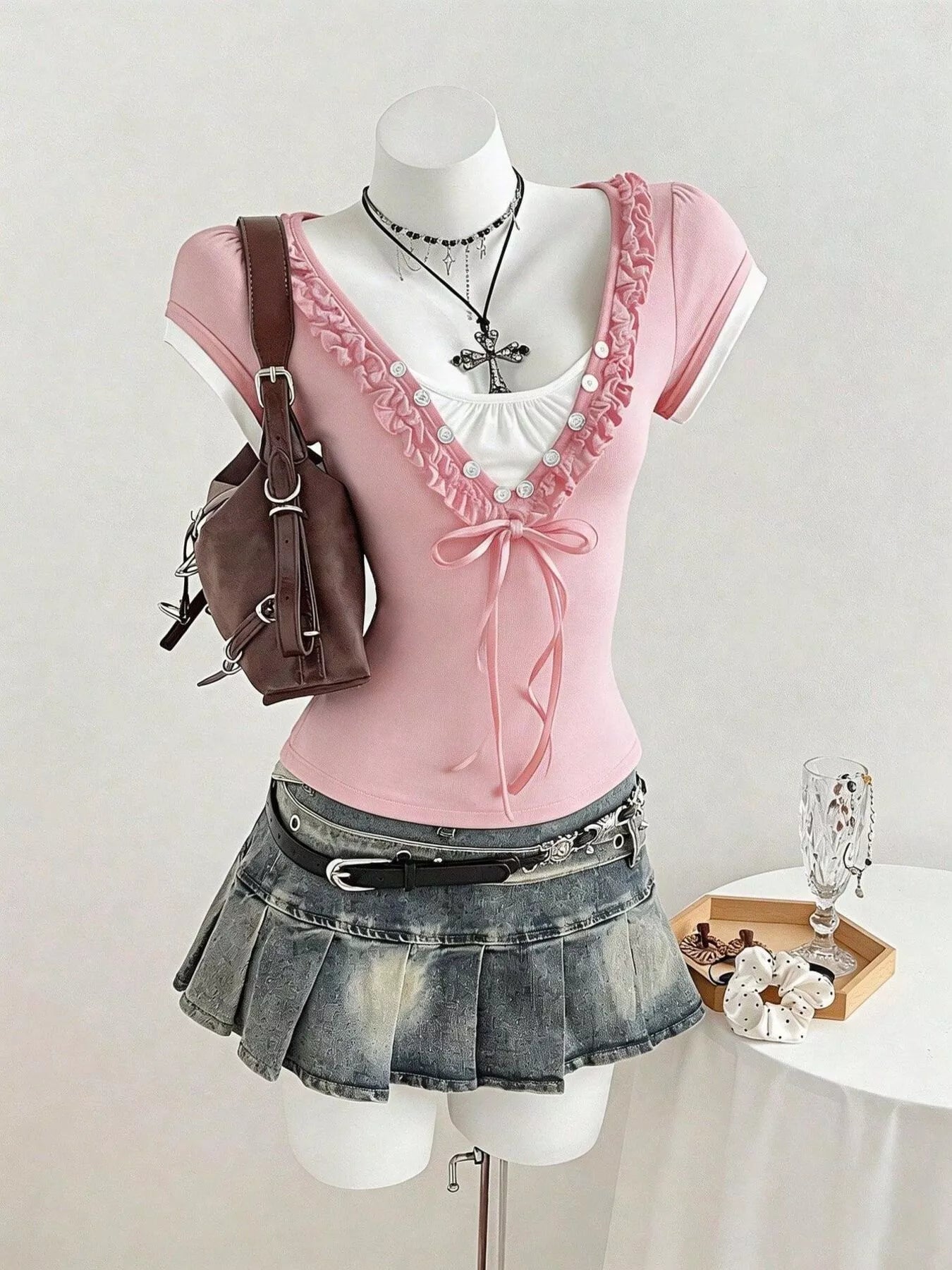 Pink Frill Trim Bow Detail Cap Sleeve Slim Fit T-Shirt