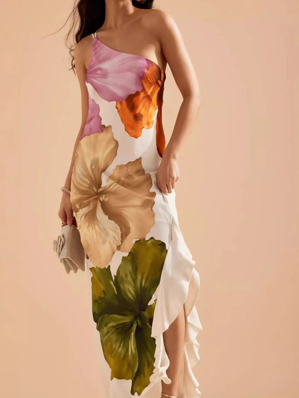 Floral Print One-Shoulder Ruffle Hem Maxi Dress in White Multi