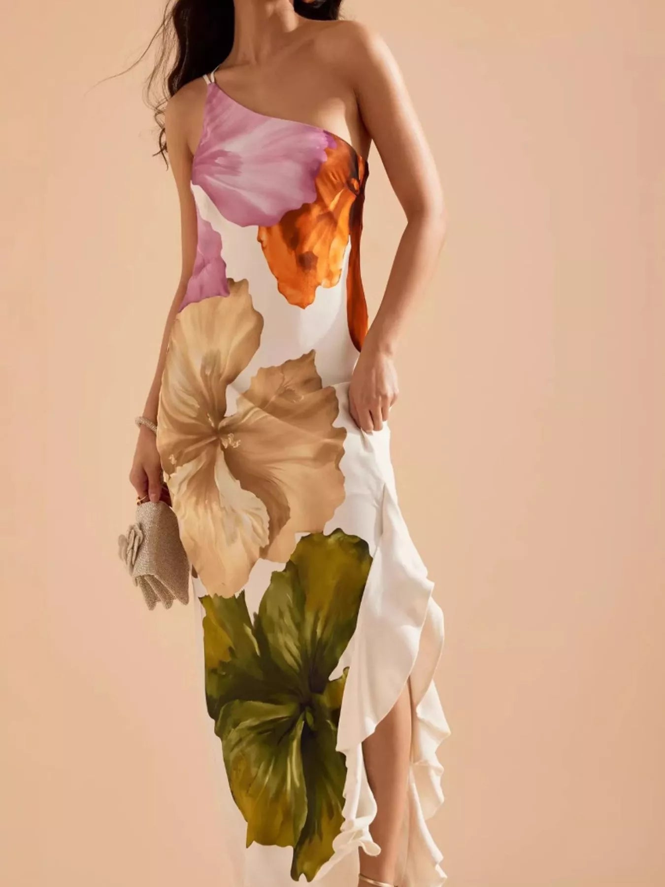 Floral Print One-Shoulder Ruffle Hem Maxi Dress in White Multi