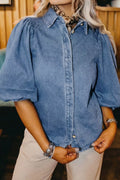 Blue Denim Puff Sleeve Shirt with Collared Button Down Front