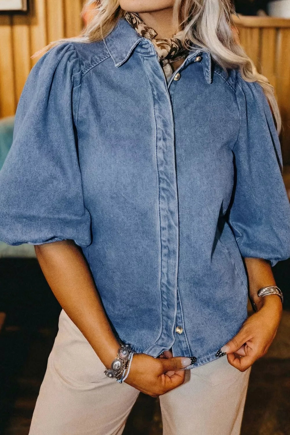 Blue Denim Puff Sleeve Shirt with Collared Button Down Front