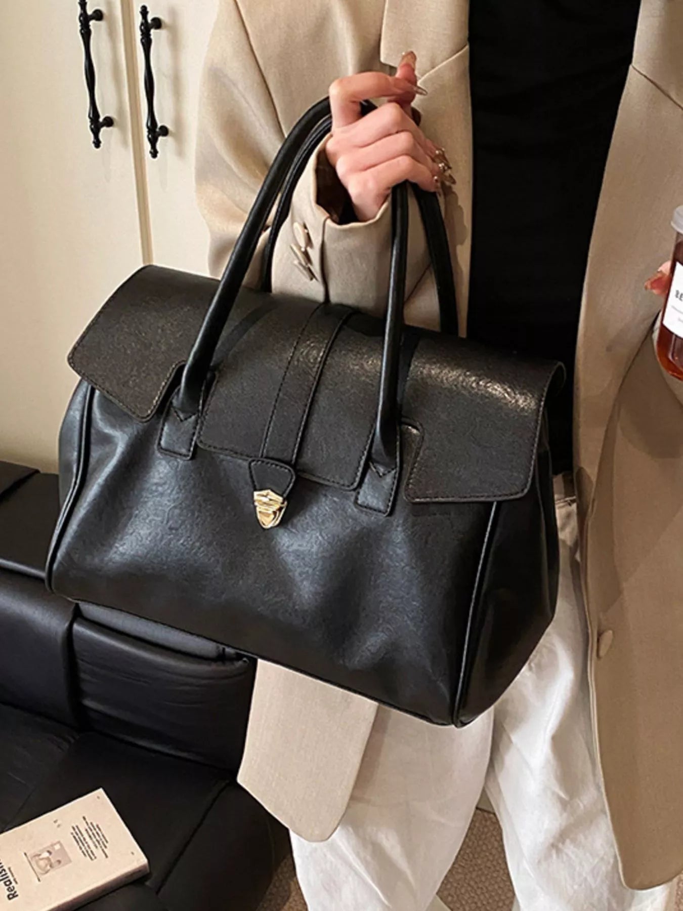 Large Black PU Leather Satchel Bag with Gold Tone Buckle Detail
