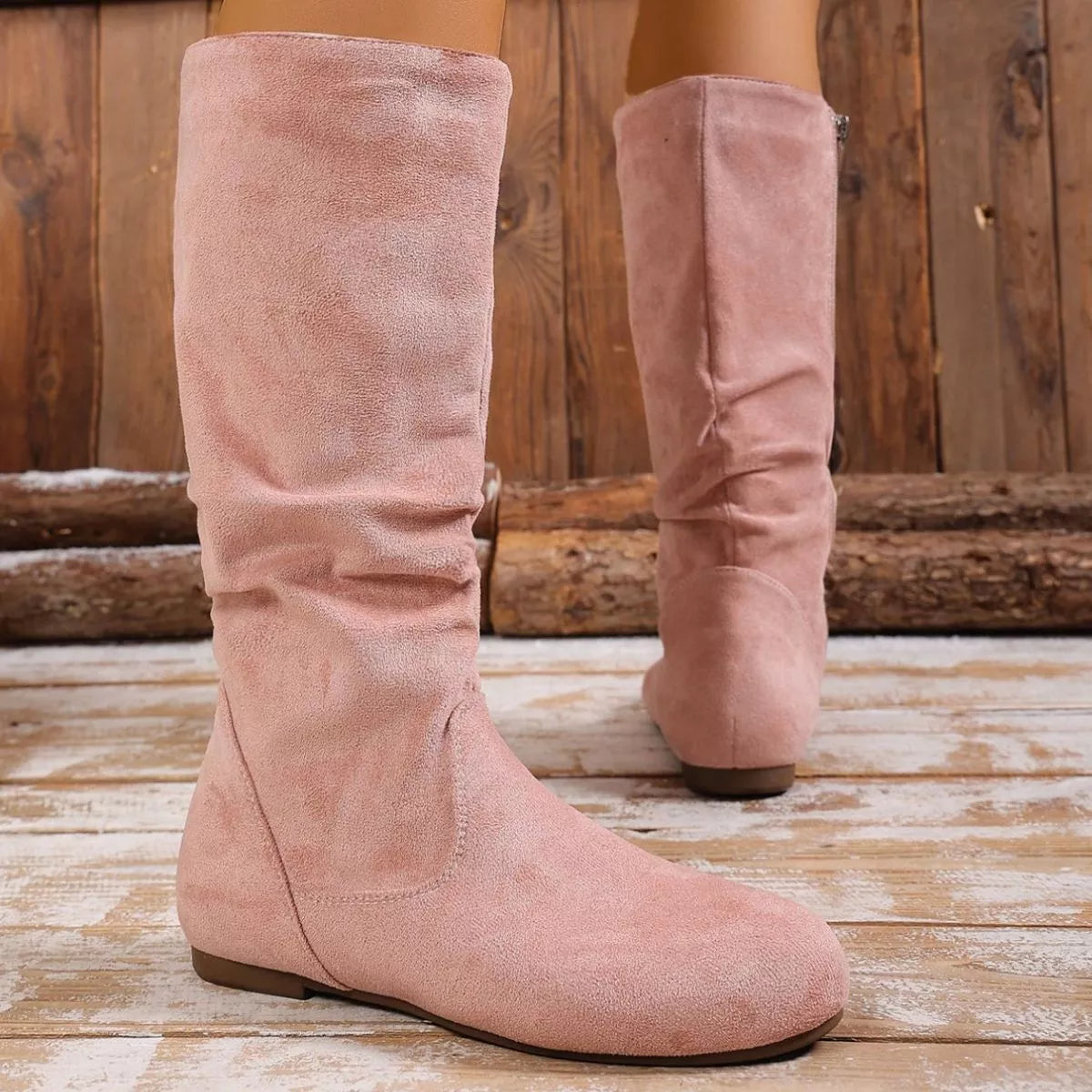 Women's Round Toe Side Zip Suede Mid-Calf Boots