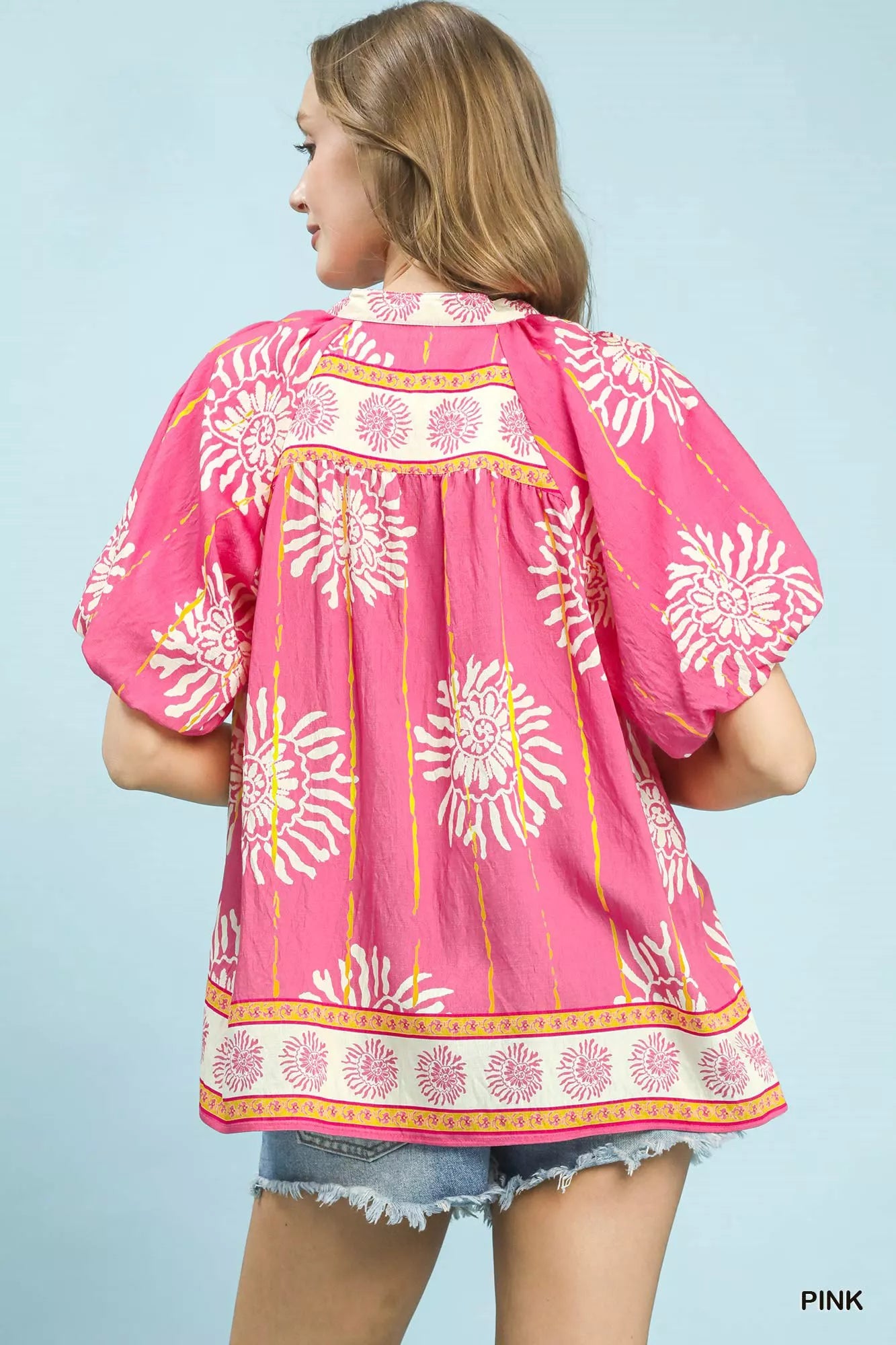 Floral Border Smocked V-Neck Boho Blouse in Bright Pink