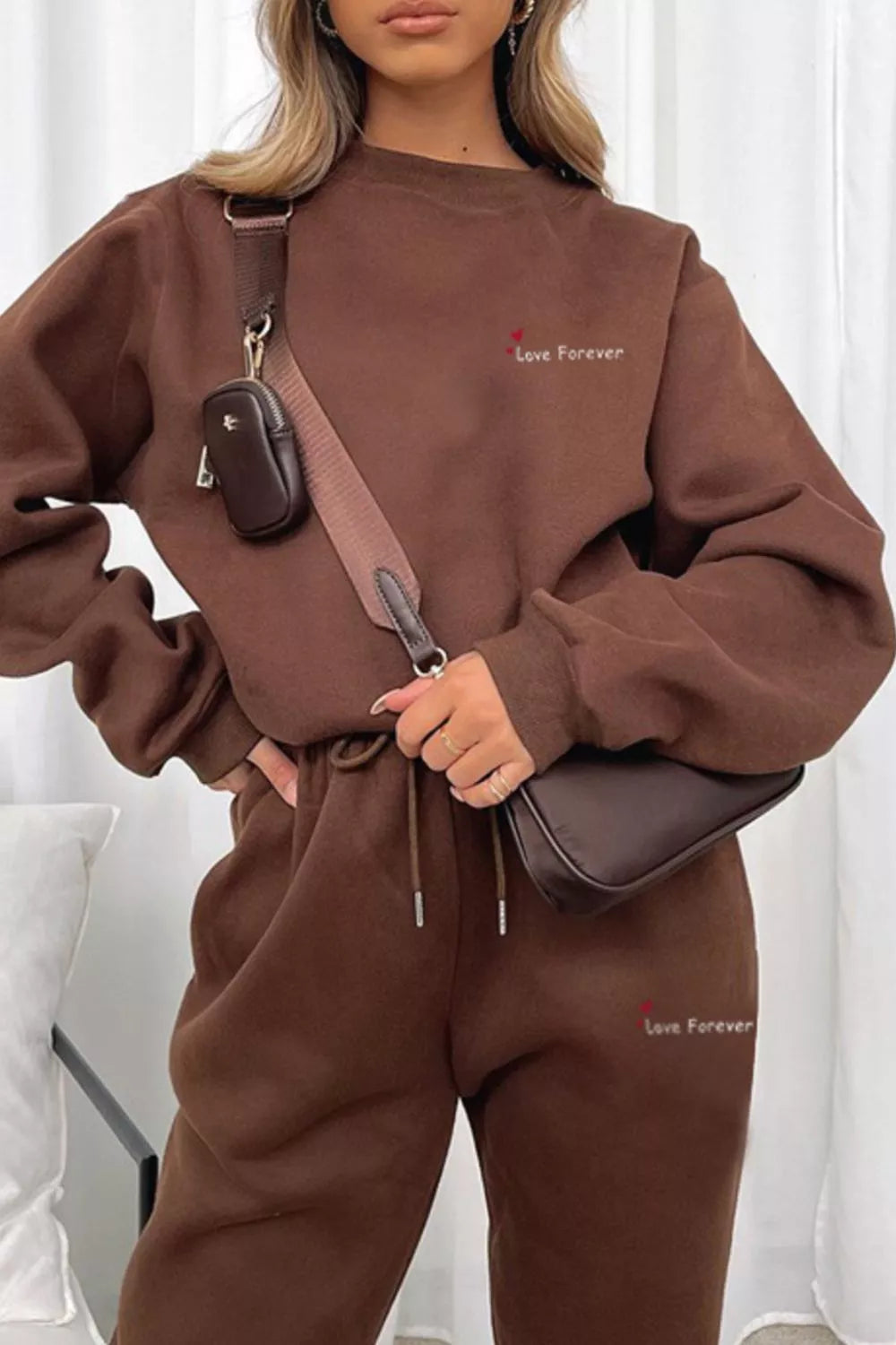 Women's Chocolate Brown Round Neck Sweatshirt and Joggers Set