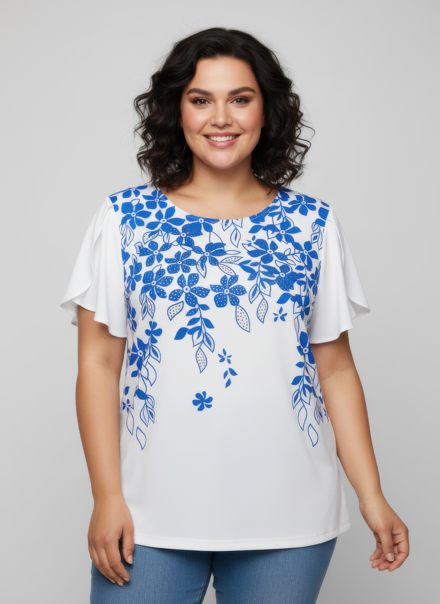 Floral Print Flutter Sleeve Knit Top