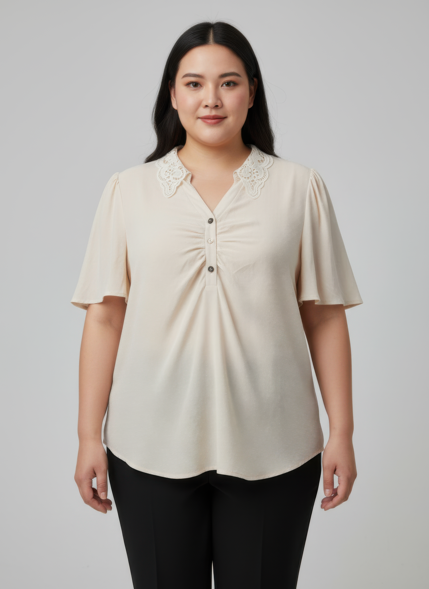 Lace Collar Button Detail Flutter Sleeve Top