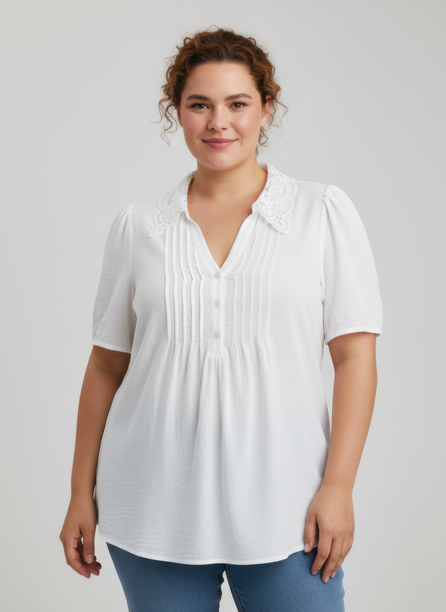 Lace Collar Button Detail Flutter Sleeve Top