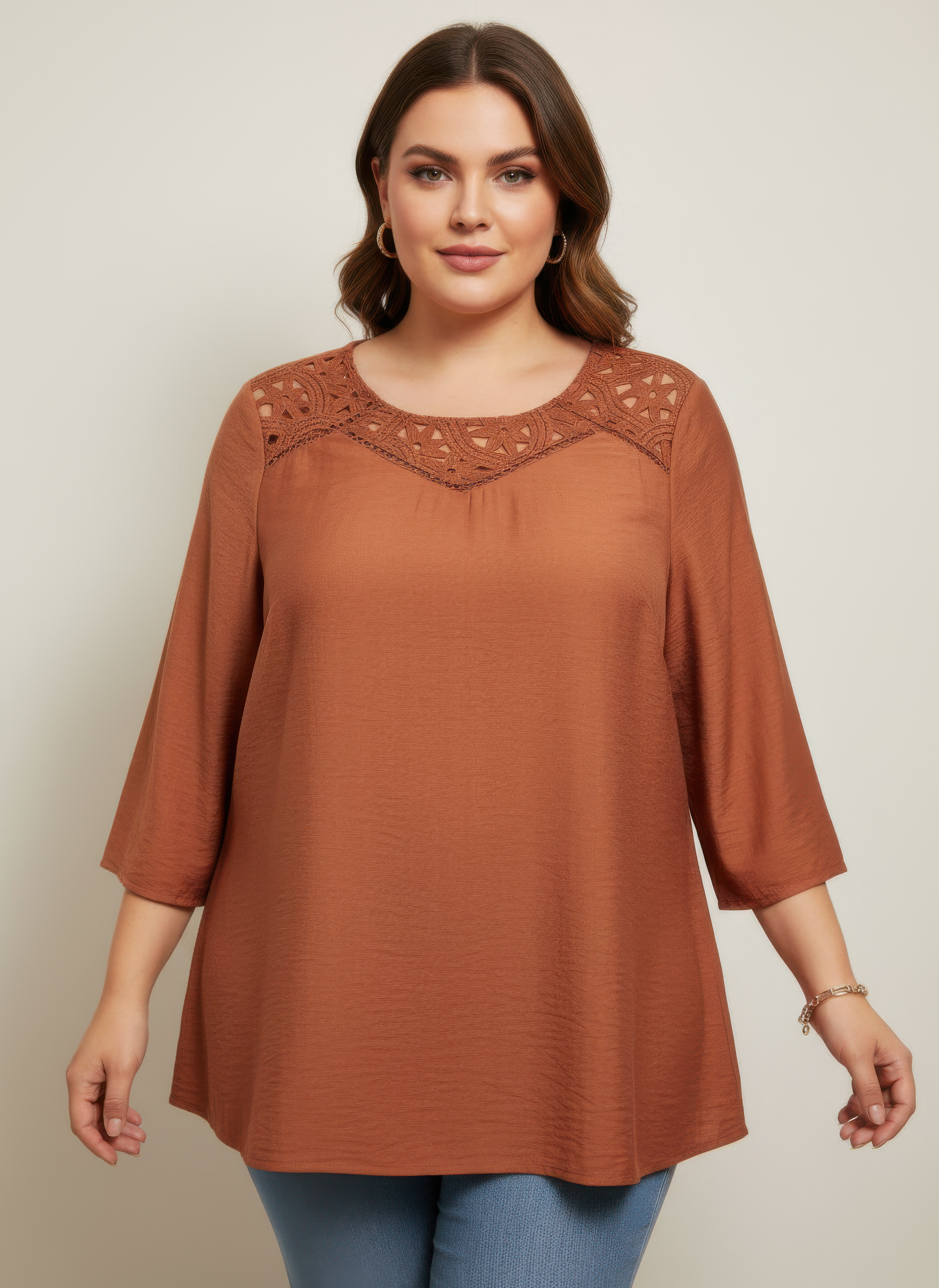 Lace Yoke Bell Sleeve Knit Tunic