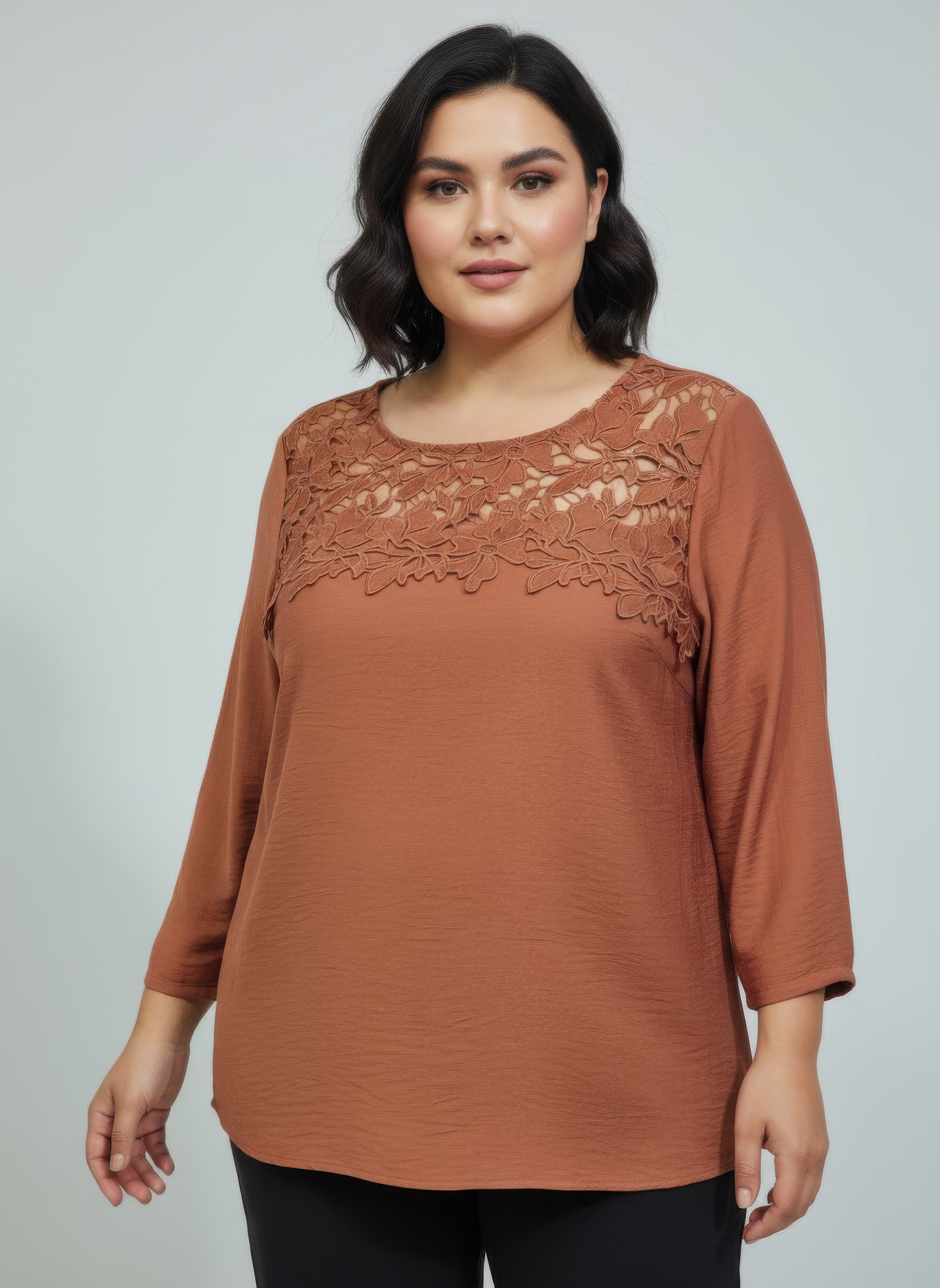 Lace Yoke Three-quarter Sleeve Knit Top