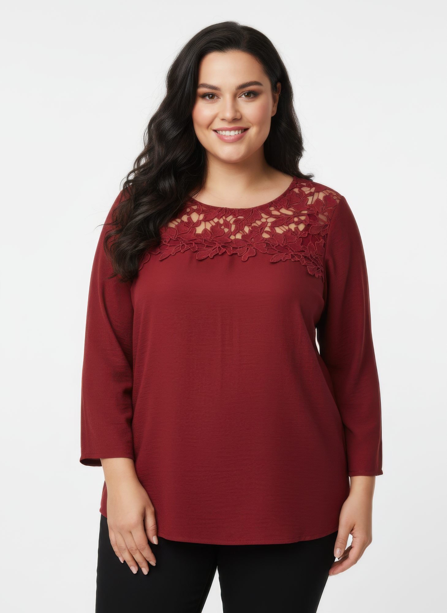 Lace Yoke Three-quarter Sleeve Knit Top