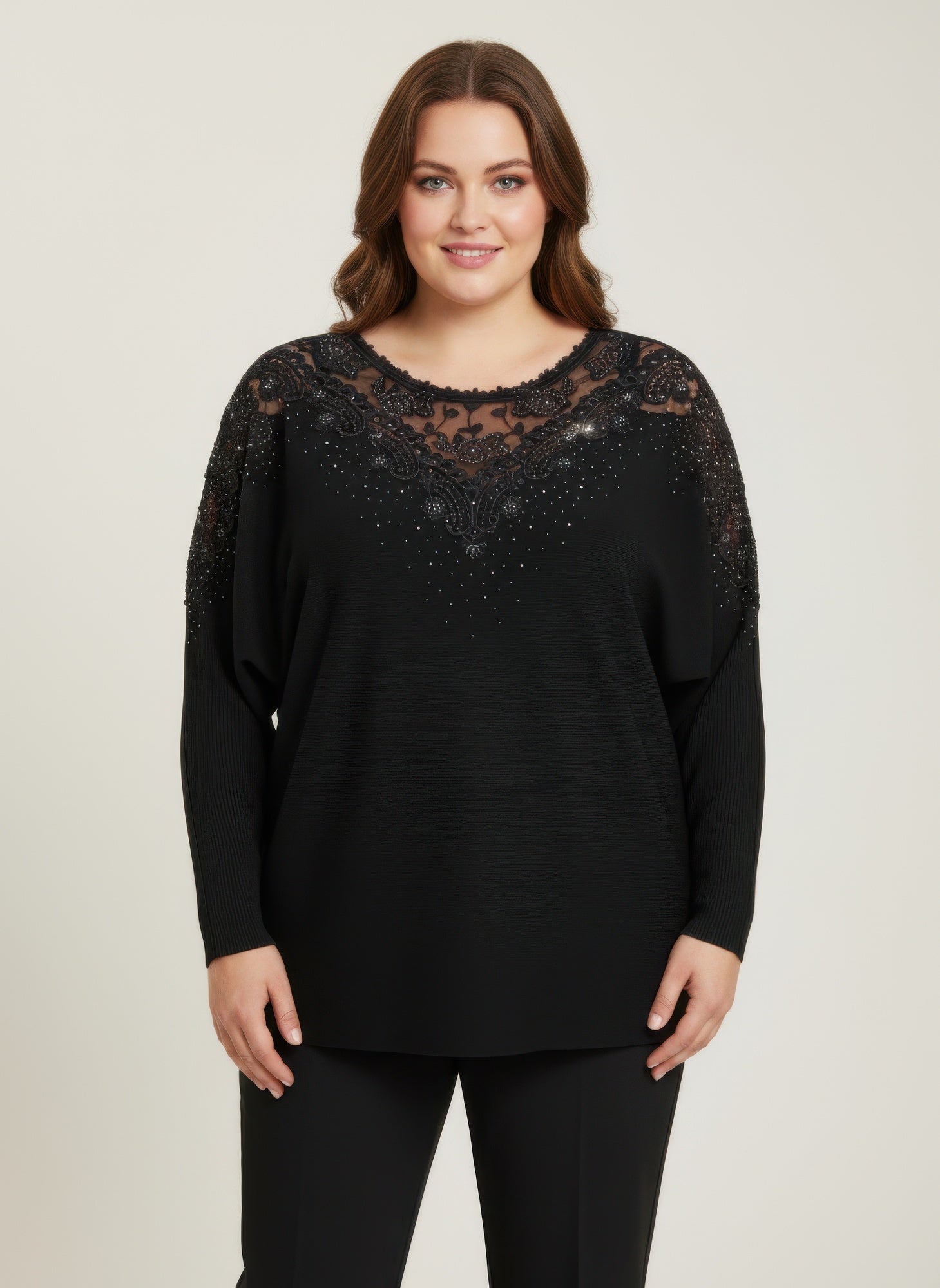 Crimson Lace Embellished Knit Tunic Top