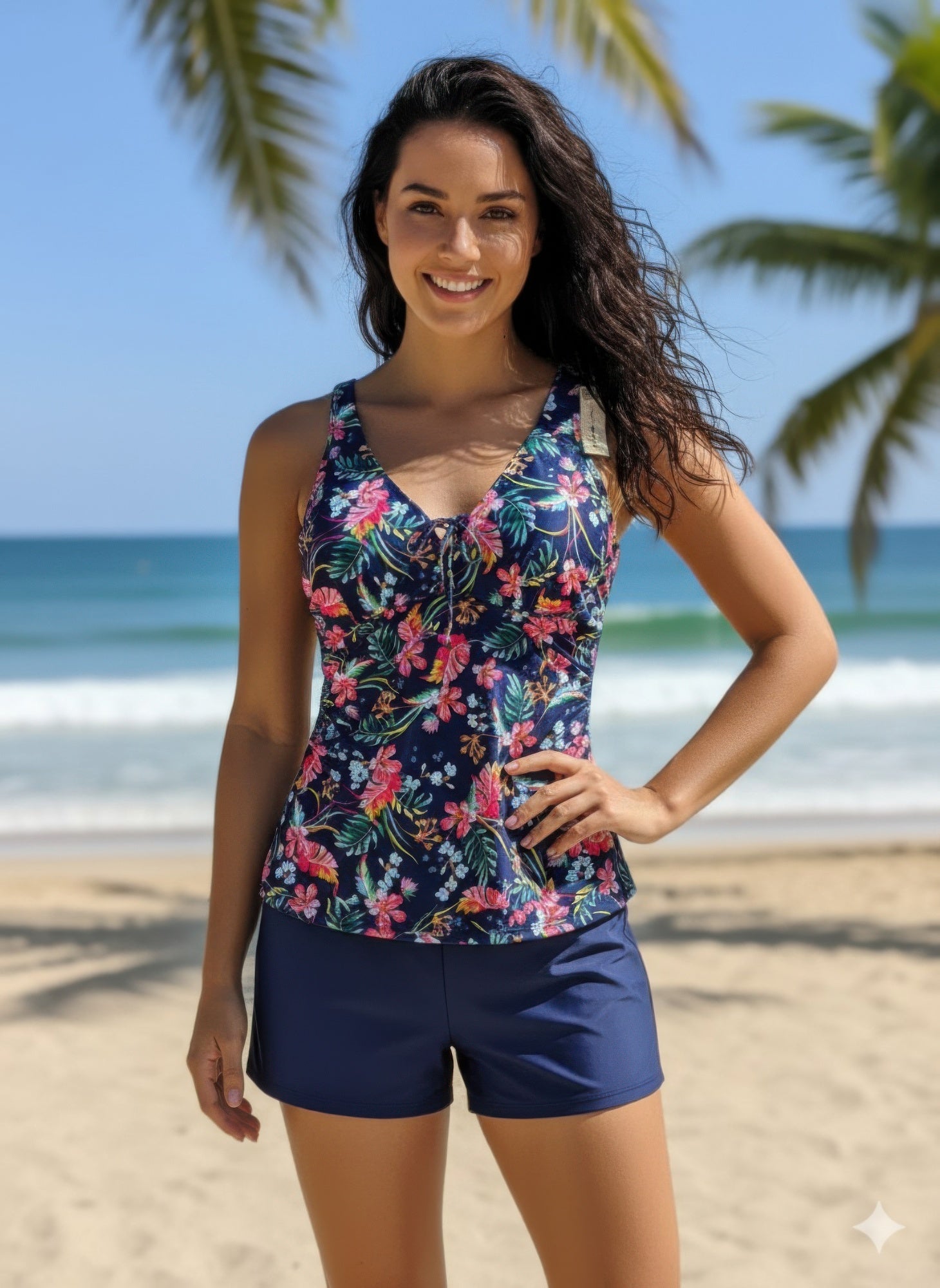 Floral Print Tankini Set with Navy Boy Shorts Swimwear