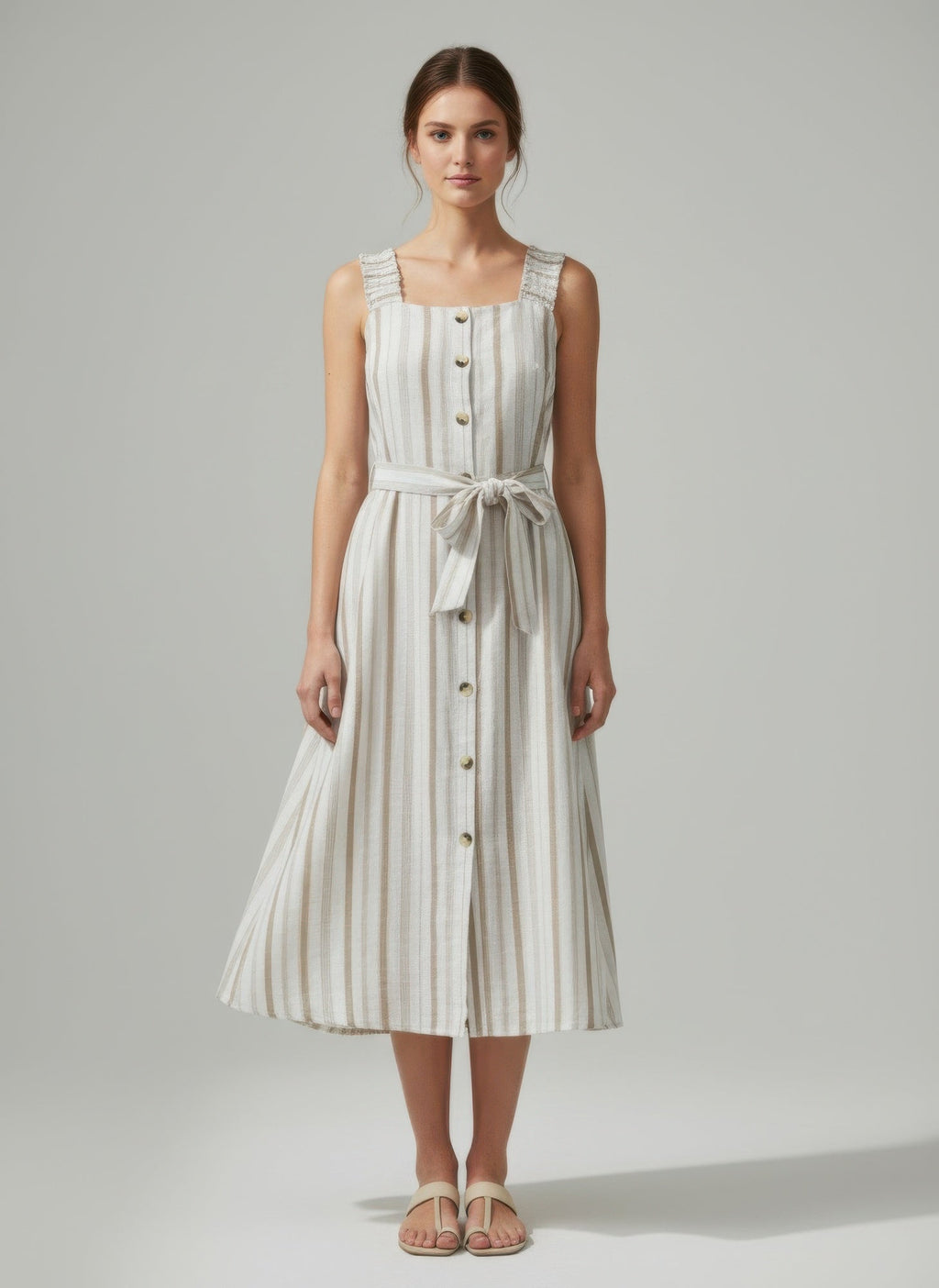 Mlle Gabrielle Striped Midi Button-Down Tie-Waist Dress