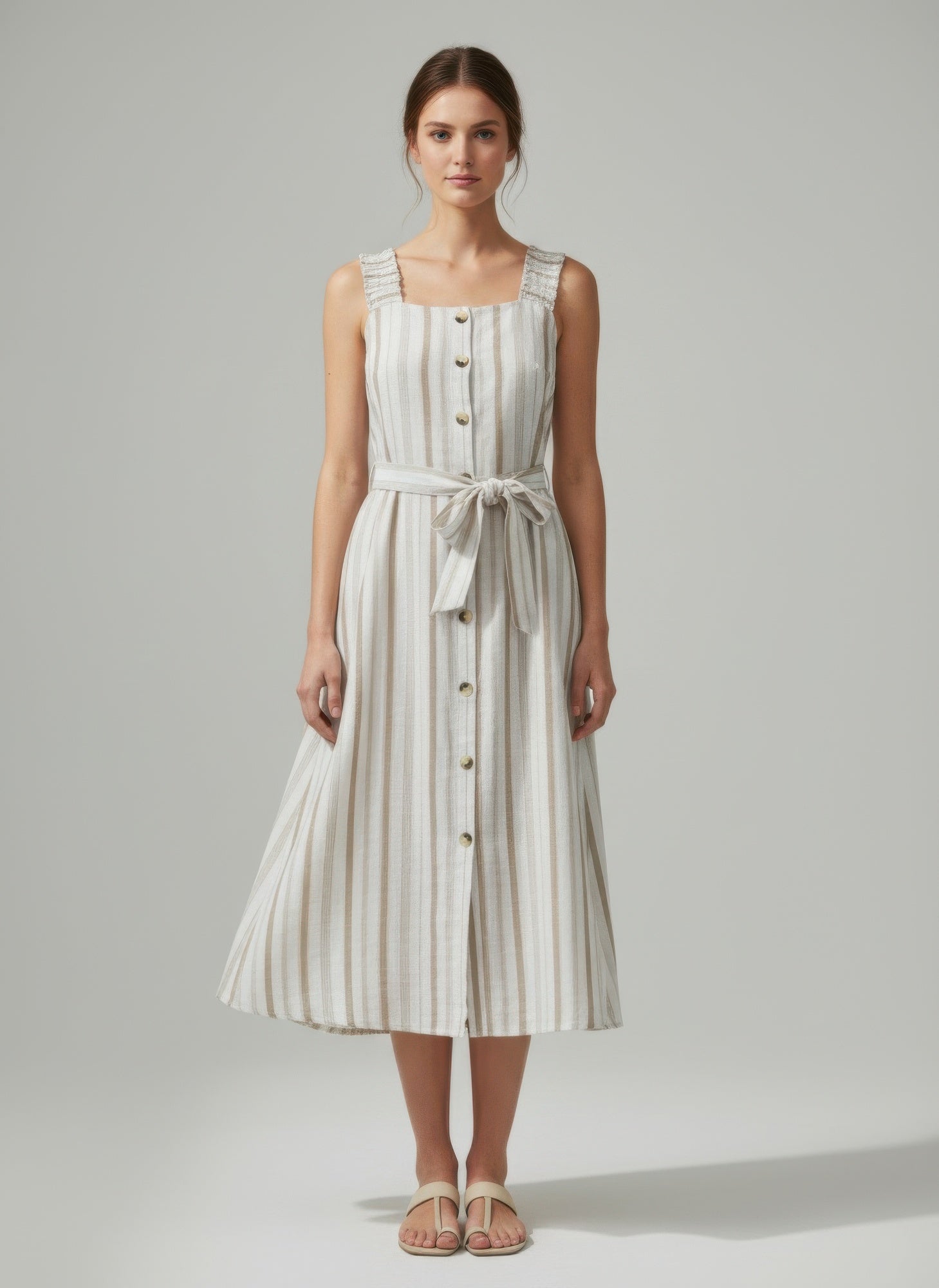 Mlle Gabrielle Striped Midi Button-Down Tie-Waist Dress