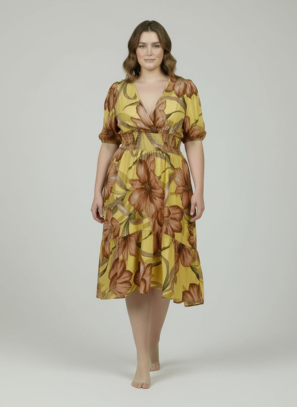 Mlle Gabrielle Yellow Floral Midi Dress with V-Neck
