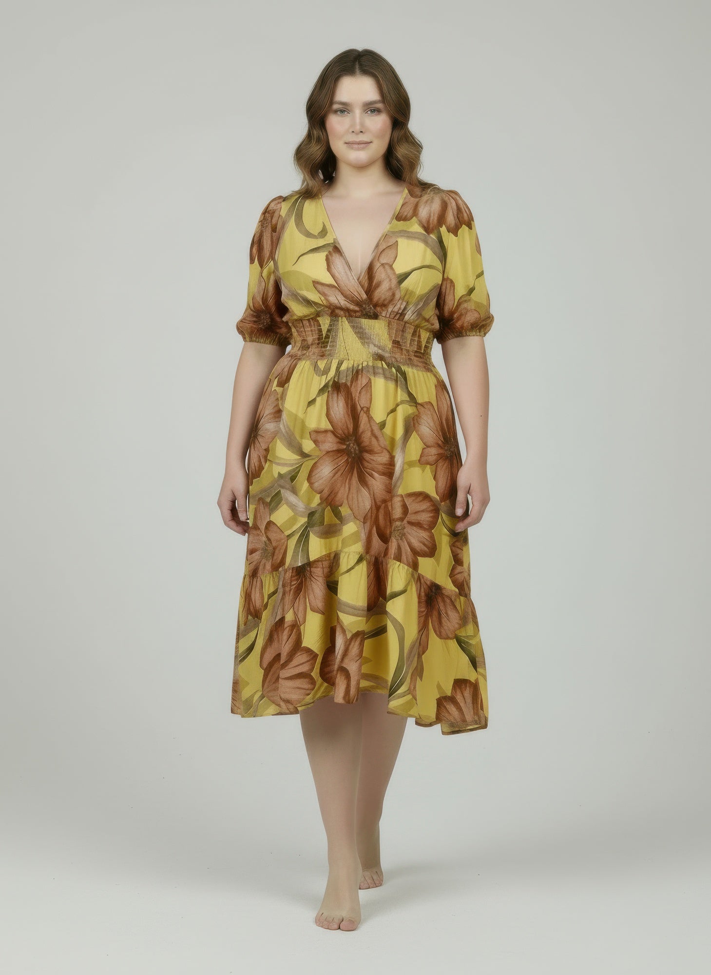 Mlle Gabrielle Yellow Floral Midi Dress with V-Neck