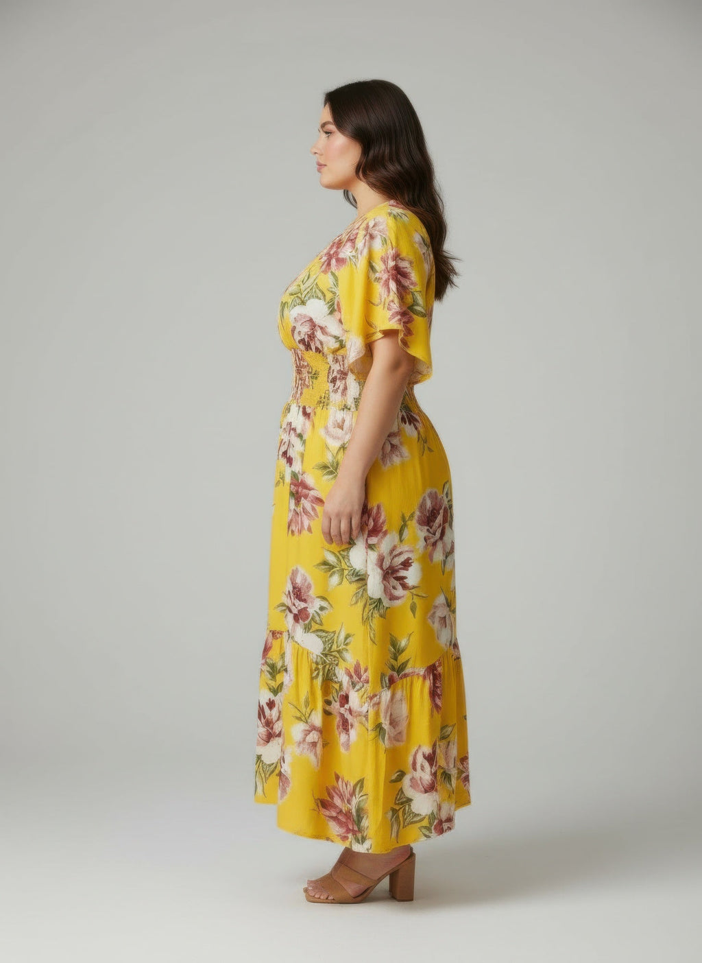 Mlle Gabrielle Yellow Floral Midi Dress with V-Neck