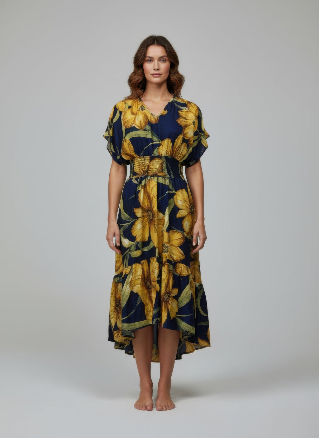 Mlle Gabrielle Floral V-Neck Midi Dress in Navy and Yellow